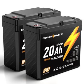 GOLDENMATE 12V 20Ah Lithium LiFePO4 Battery(2 Packs), IP67 Waterproof