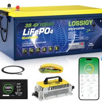 LOSSIGY 36V Lithium Golf Cart Battery, 36 Volt 100Ah LiFePO4 Battery with 25A Lithium Charger, Perfect for Golf Carts,Trolling Motors, Marine, Built in 200A BMS,Peak Current 1000A