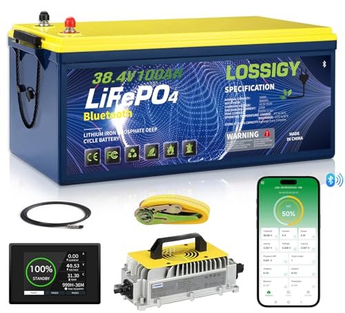 LOSSIGY 36V Lithium Golf Cart Battery, 36 Volt 100Ah LiFePO4 Battery with 25A Lithium Charger, Perfect for Golf Carts,Trolling Motors, Marine, Built in 200A BMS,Peak Current 1000A