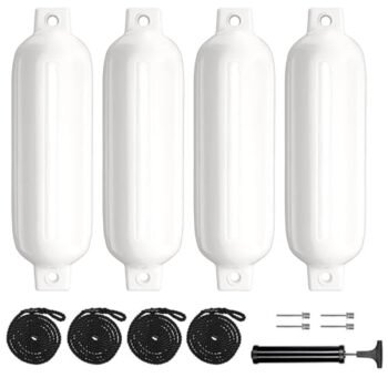 Sailortenx Boat Fenders 4 Pack 6.5 Inch Inflatable Ribbed Marine Boat Fender with Fender Lines 6.5 ft Needles and Pump for Twin Eyes Boat Fender Bumpers for Docking Fenders Use...