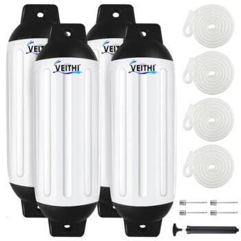 VEITHI Large Boat Fenders 4 Pack 8.5 x 27,Ribbed Twin Eyes Vinyl Boat Bumpers Fenders,Boat Bumpers for Docking Come with Ropes Needles and Pump to Inflate,Pontoon Boat Fenders...
